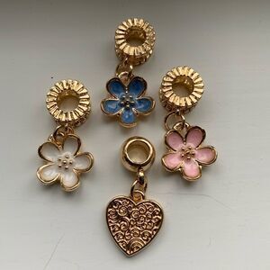 4 Charm Set – Flowers & Heart Dangle Charms for Bracelet or Necklace